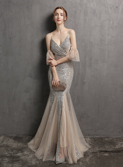 Tassel Mermaid Sequins Straps Prom Dress