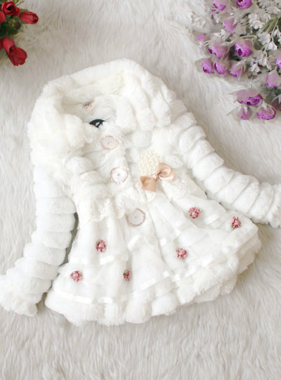 Baby Faux Fox Fur Collar Winter Flower Lace Outerwear 