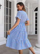 Plaid V-neck Short Sleeve Dress