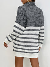 Loose Striped Stitching Contrast Turtle Neck Dress