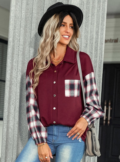 Plaid Stitching Lapel Loose Shirt