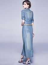 Split Blue Tencel Denim Lapel Dress