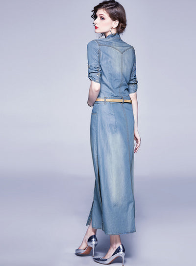 Split Blue Tencel Denim Lapel Dress