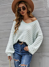 V-neck Casual Striped Pullover Sweater