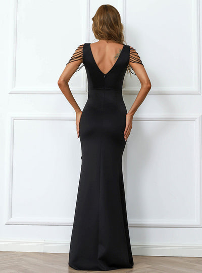 Bead V-neck Long Black Banquet Split Dress