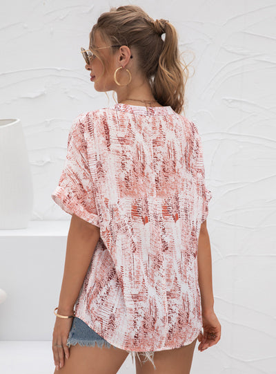 V-neck Tie-dyed Printed Chiffon T-shirt