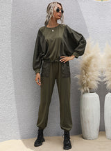 Long Sleeve T-shirt Pants Green Two-piece Suit