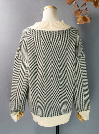 Winter Striped V-Neck Cardigans Buttons Oversize