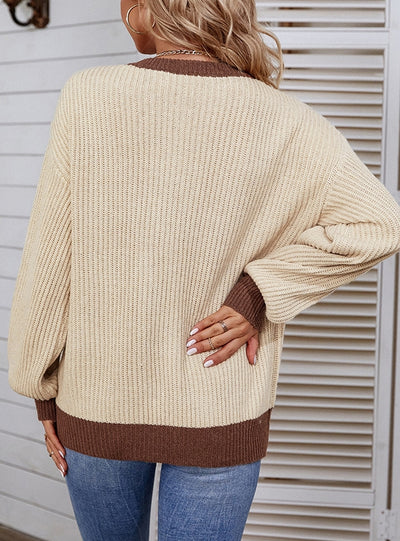 Color Button Crew Neck Pullover Lantern Sleeve Sweater