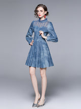 Long Sleeve Perspective Mesh Stitching Denim Dress