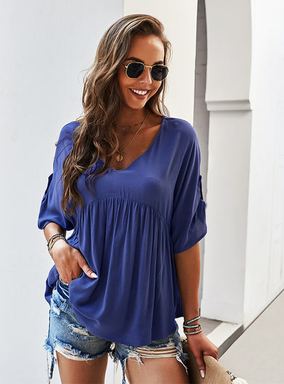 Women's V Neck Solid Volor T-shirt