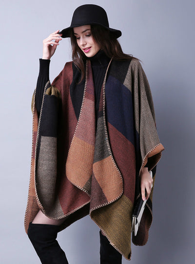 Joker Plaid Shawl Cashmere Split Thick Cloak