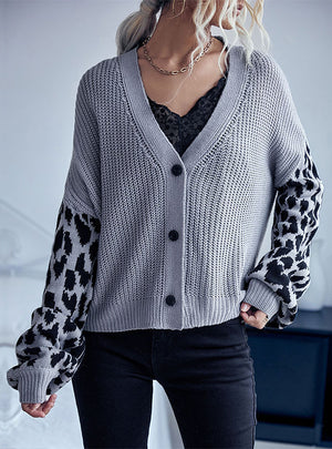 Long Sleeve Leopard Print Stitching Sweater Coat