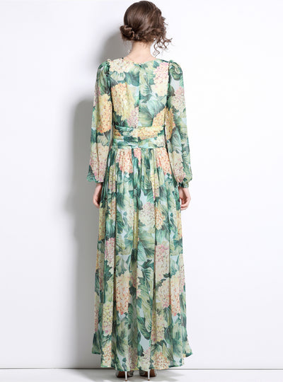 Maxi Chiffon Dress Floral Printed Slim Party Dress