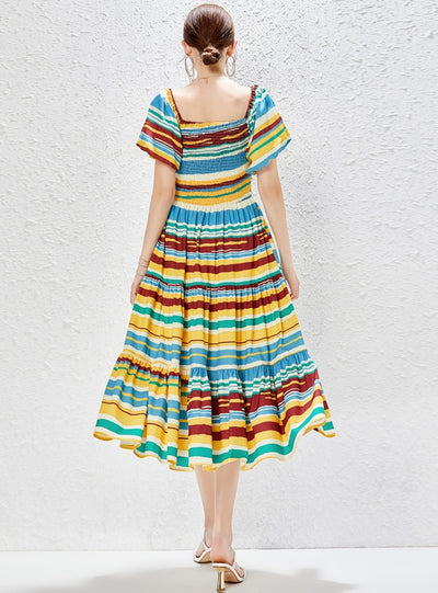 Square Collar Waist Slim Rainbow Holiday Dress
