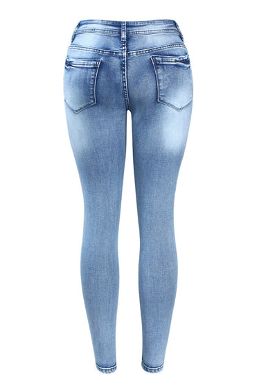 Mid Waist Stretchy Ripped Denim Pants Skinny Pencil Jeans 