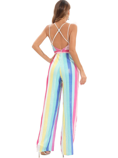 Sexy Retro Suspender Striped Sequined Jumpsuit
