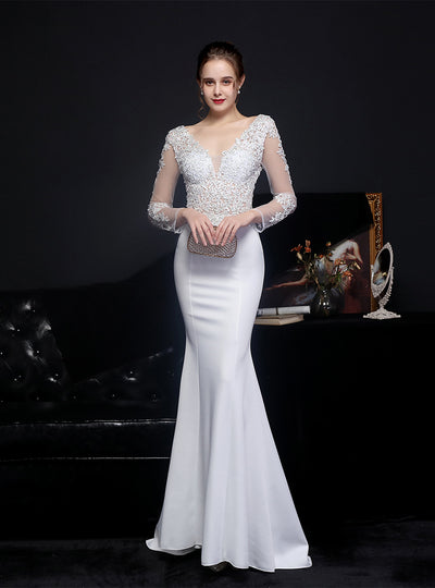 Long Sleeve V-neck Appliques Prom Dress