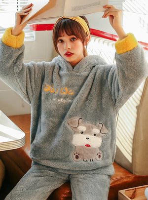 Gray Dog Pajamas Cartoon Cute Thick Flannel Suit