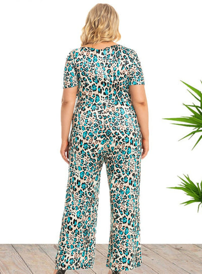 V-neck Knotted Leopard Wide Leg Jumpsuit