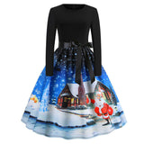 Retro Christmas Printed Long Sleeve Dress