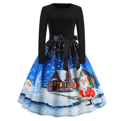 Retro Christmas Printed Long Sleeve Dress