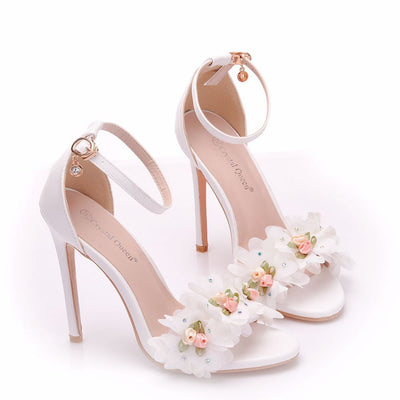White Flower High Heel Fish Mouth Sandal