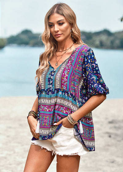 V-neck Short Sleeve Printed Shirt