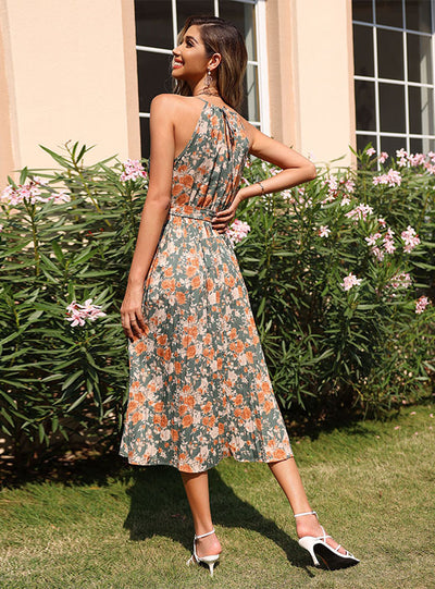 Sleeveless Lace-up Neck Pleated Print Dress