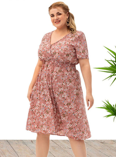 Short Sleeve V-neck Printed Short Dress