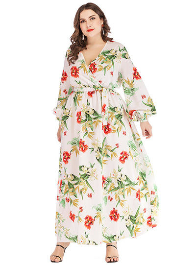 V-neck Printed Lace-up Bubble Sleeve Big Swing Dress