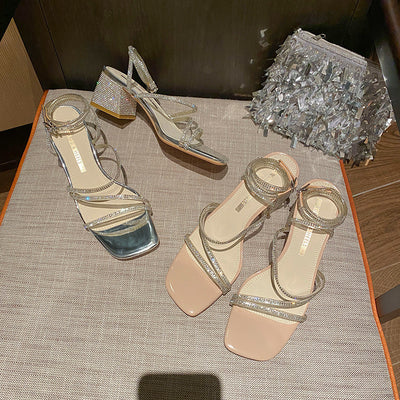 Thick-heeled Rhinestone Sandals