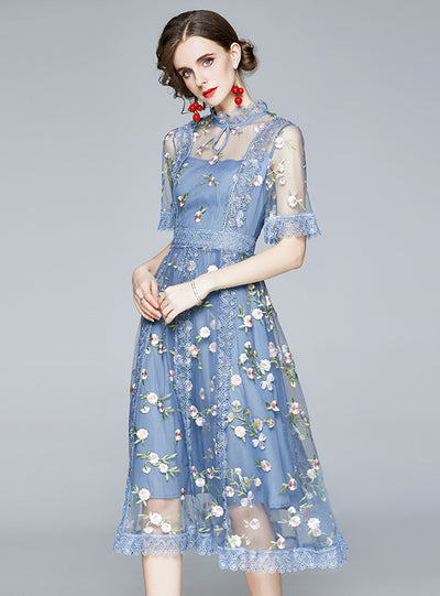 Gauze Perspective Embroidered Flower Stitching Dress