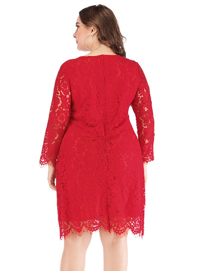Long Sleeve Red Lace Large Size Dress
