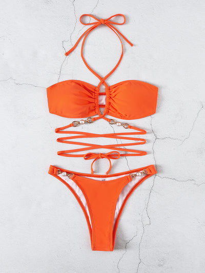 Sexy Pearl Bind Neck Beach Bikini