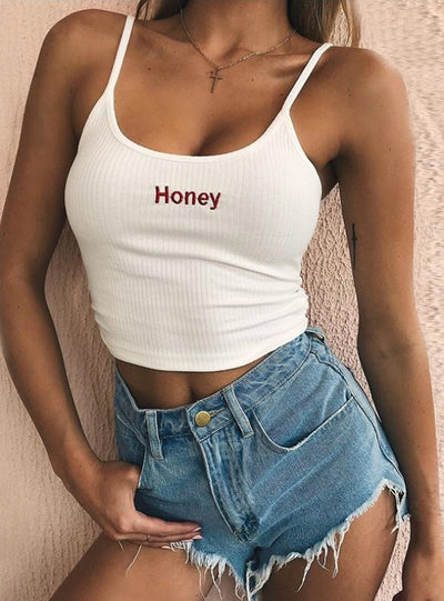 Honey Letter Embroidery Strap Tank Tops Cropped
