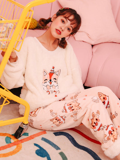 Women Cute Cartoon Corgi Dog Two-piece Set