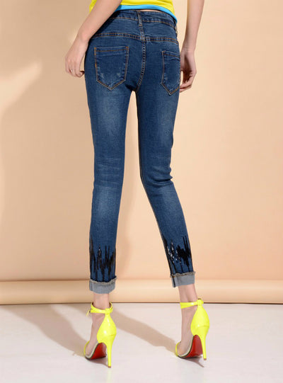 High Waist Sequin Ankle Length Skinny Jeans