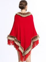 Fox Like Fur Collar Fringed Pullover Knitted Cape Shawl
