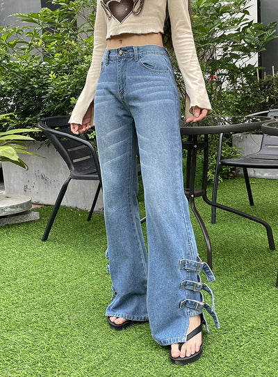 Metal Buckle Straight Slacks High Waist Jeans