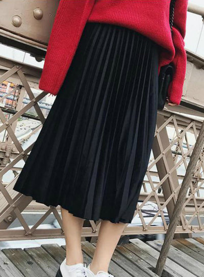 Maxi Pleated Skirt Midi Skirt High Waist Elascity Casual Party Skirt