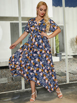 V-neck Printed Casual Trumpet Sleeve Dress