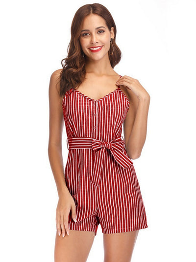 Striped Deep V-neck Suspender Jumpsuit