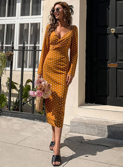 Polka Dot Deep V-neck Long Sleeve Party Dress