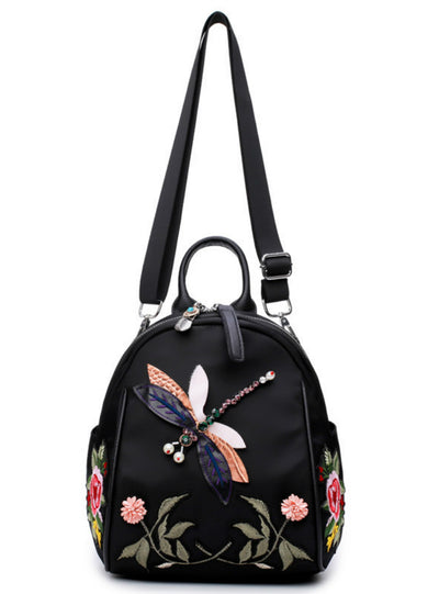 Flower Embroidery Rhinestone 3D Dragonfly Shoulder Bag 