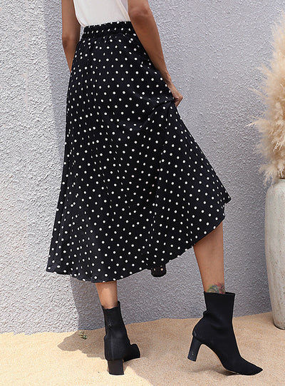 Black Pleated Polka Dot Elastic Waist Skirt