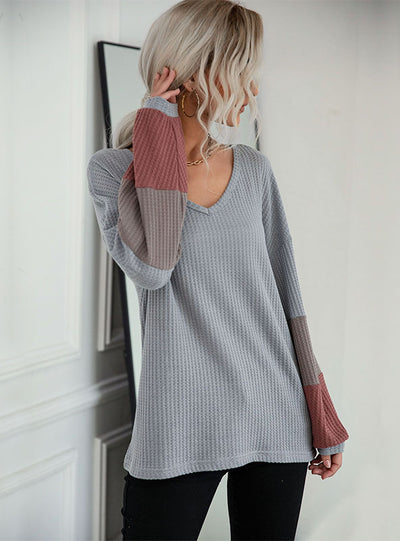 Loose Waffle V-neck Contrast Top