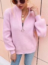 V-neck Zipper Lantern Sleeve Sweater