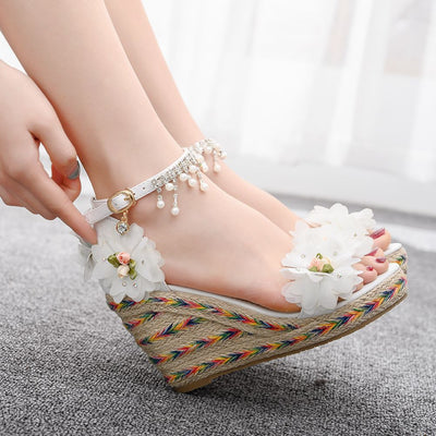 Flower Beaded Fishmouth Wedge Sandals