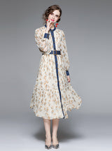 Bubble Sleeve Denim Stitching Print Dress